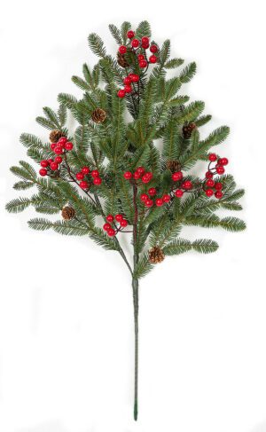 Green Plastic Fir Branch With Red Berries/Pine Cones 30"